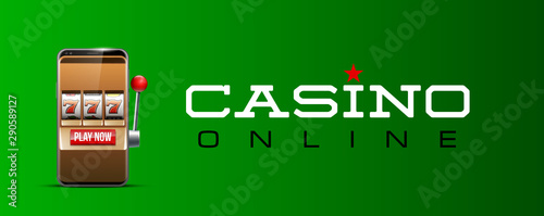 Illustration banner of mobile online casino application with 777 big win slot machine. Realistic advertising poster with online mobile app casino and Jackpot 777. Play now in One Armed Bandit banner