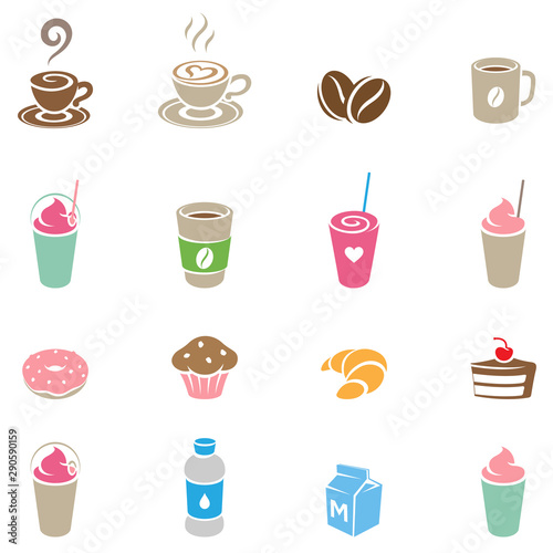 Colorful Coffee and Breakfast Icons on a White Background Illustration