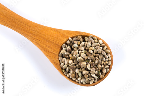 Cannabis Hemp seeds in spoon on white