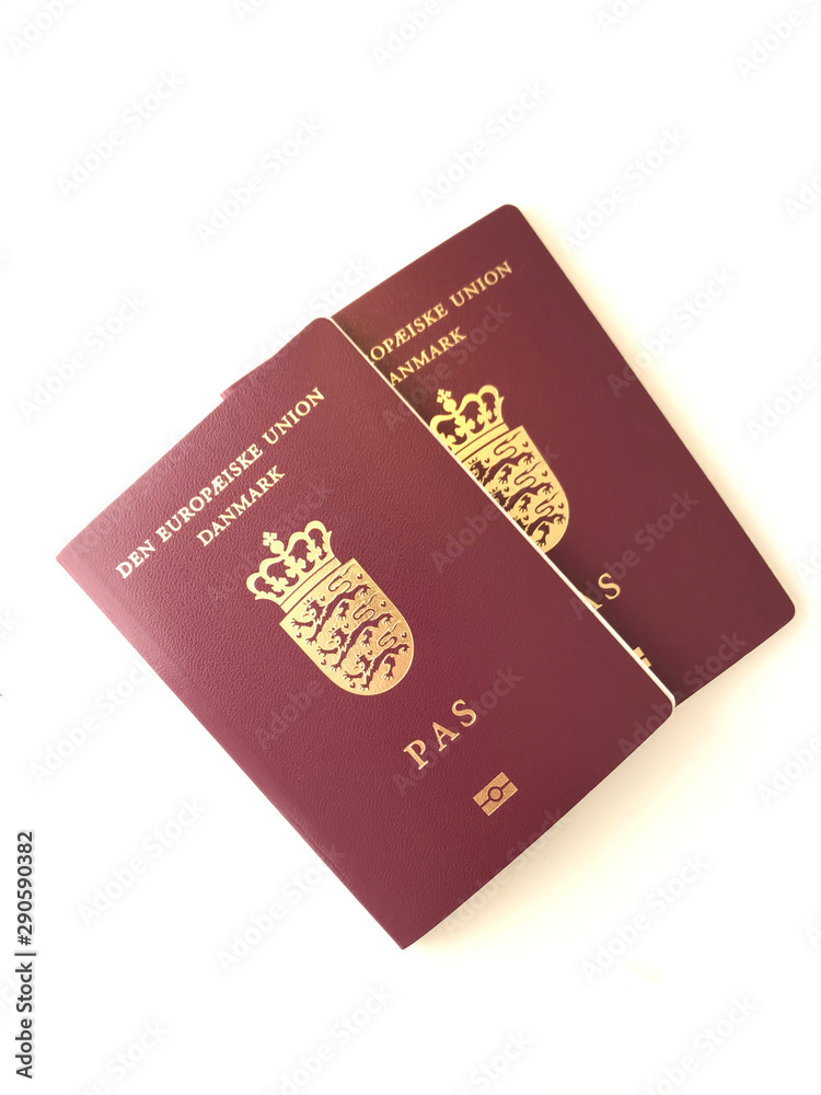 Two new danish passports on the white background Two new danish passports on the white background