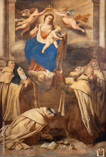 TAORMINA, ITALY - APRIL 9, 2018: The symbolic painting Madonna among the Carmelitan saints in church Chiesa di Santa Caterina d'Alessandria by unknown artist.