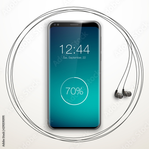 Image headphones on smartphone latest model background. Device for listening music on phone latest model background. Color stereo headphone for listening audio from phone. Banner earphones music party