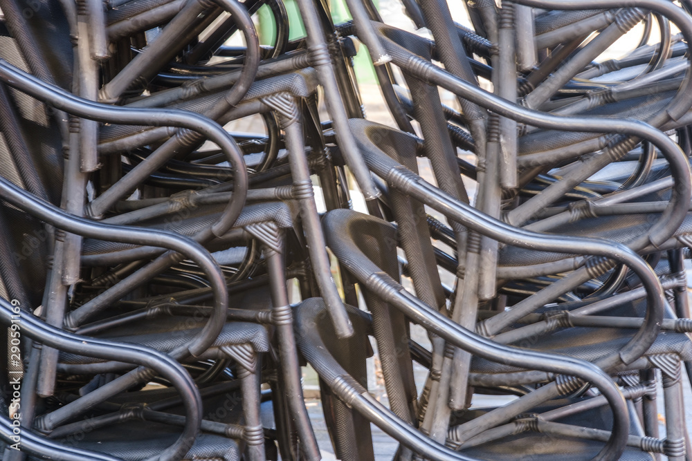 barricade of chairs. Chairs blocking the passage. Metal chairs barricade of chairs. Chairs blocking the passage. Metal chairs