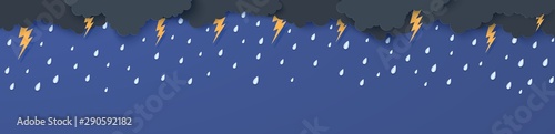 Rain thunder lightning and clouds in the paper cut style. Vector storm weather concept with falling water drops from the cloudy night sky and flash. Storm papercut background horizontal banner.
