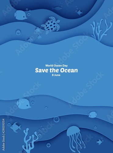 World Oceans Day 8 June. Paper craft depth under water sea cave with fishes, coral reef, seabed in algae, waves. Diving concept, deep blue marine life. Vector sea wildlife.