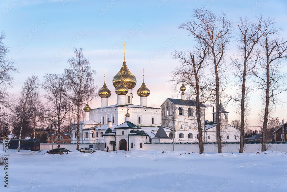Fototapeta premium The view of the Resurrection Cathedral from the Volga river in the ancient town of Uglich, Yaroslavl region, Russia