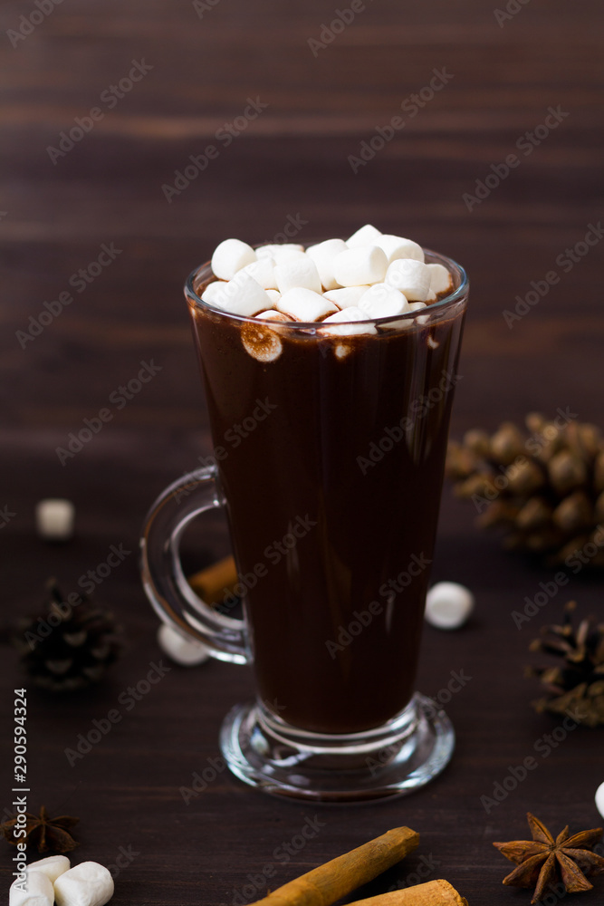 cup of hot chocolate with mini marshmallow with star anise and cinnamon on wooden background cup of hot chocolate with mini marshmallow with star anise and cinnamon on wooden background