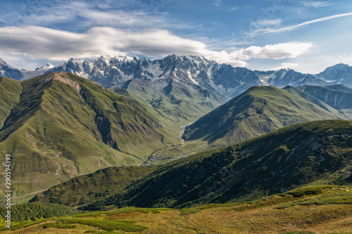 view of main Caucasian ridge from Svanet ridge, panorama of Caucasus, view of mountains and mountain valley, village in mountains, Ushguli, Caucasus, Georgia