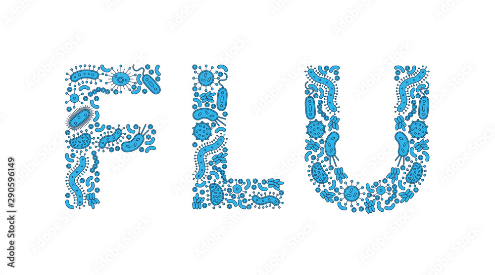 Blue germs / bacteria spelling the word Flu - Vector illustration Blue germs / bacteria spelling the word Flu - Vector illustration