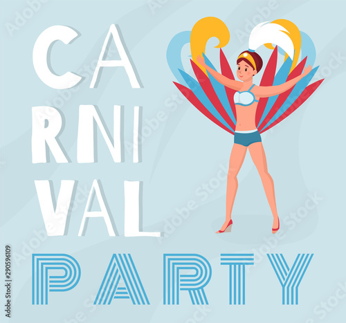 Dominican republic carnival banner vector template. Young latina dancer, cheerful woman in beautiful costume cartoon character. Traditional holiday, south american culture festival poster layout