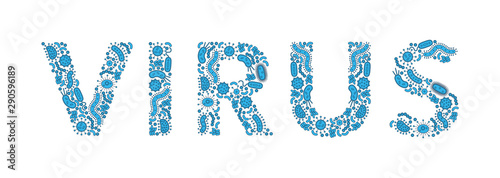 Blue germs / bacteria spelling the word virus - Vector illustration