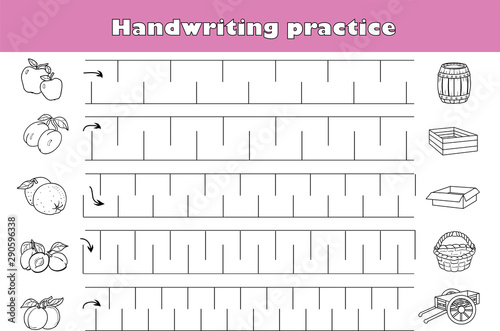 Handwriting practice sheet. Educational children game, printable worksheet for kids.
