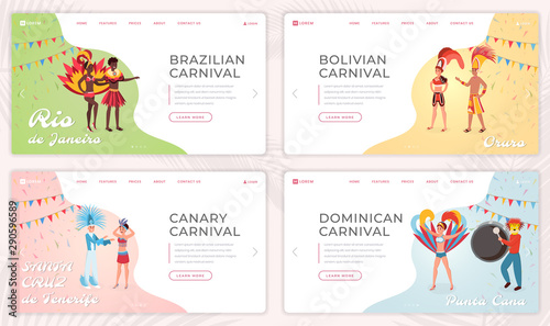 South american carnival landing page templates set. Latino culture website homepage interface idea with flat illustrations. Exotic festivals, national holiday web banner, webpage cartoon concept