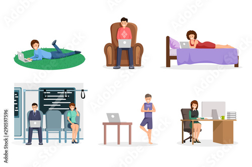 Freelancers flat design characters vector set. Outsource workers using laptop at park, transport cartoon illustrations. Designers, programmers working at home, distance job, remote work color concepts