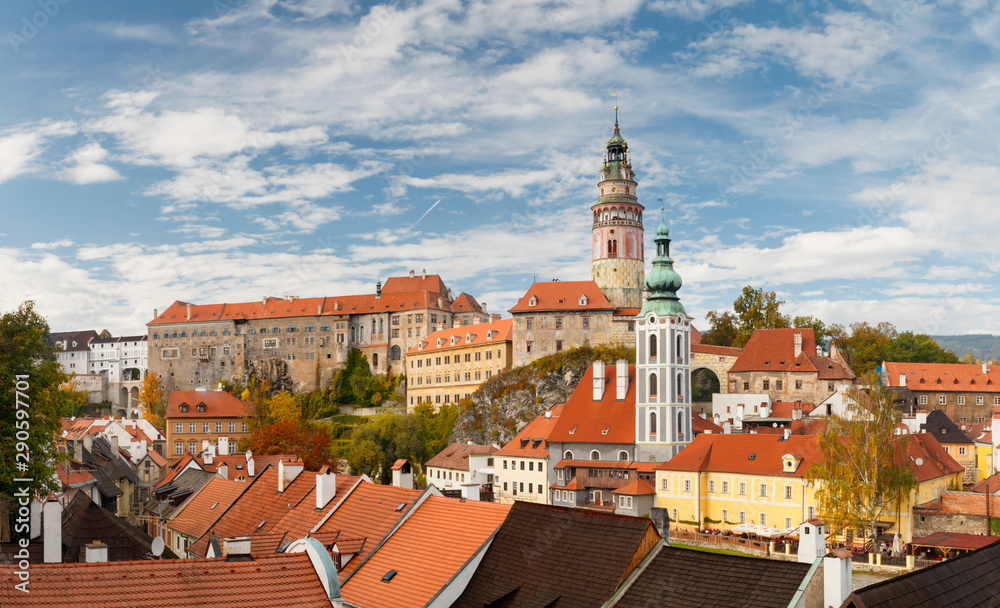 Panoramic view of the historic city of Cesky Krumlov. UNESCO World Heritage Site, Czech Republic