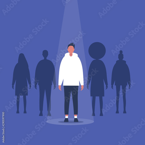 Fame. Male character standing on a stage under the light beam. Outstanding qualities. Skill. Talent. Flat editable vector illustration, clip art