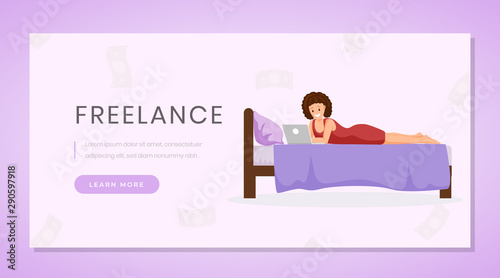 Working from home landing page template. Distance job, freelance remote work website homepage design purple layout. Young woman freelancer, outsource worker using laptop on bed color cartoon character