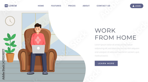 Freelance outsource job landing page template. Working from home, remote, distance job vacancy website homepage color design layout. Male designer, programmer working online with laptop on armchair