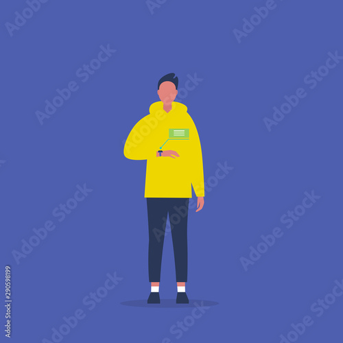 Young male character using a smartwatch. New technologies. Millennial lifestyle. Flat editable vector illustration, clip art