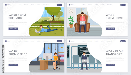 Freelance job landing page template kit. Distance, remote outsource work website homepage flat design layouts set