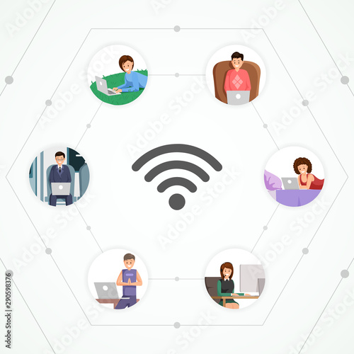 Global network flat vector illustration. Wireless internet access, connection for freelancers and remote workers users. Freelance, distance job and online communication cartoon poster concept