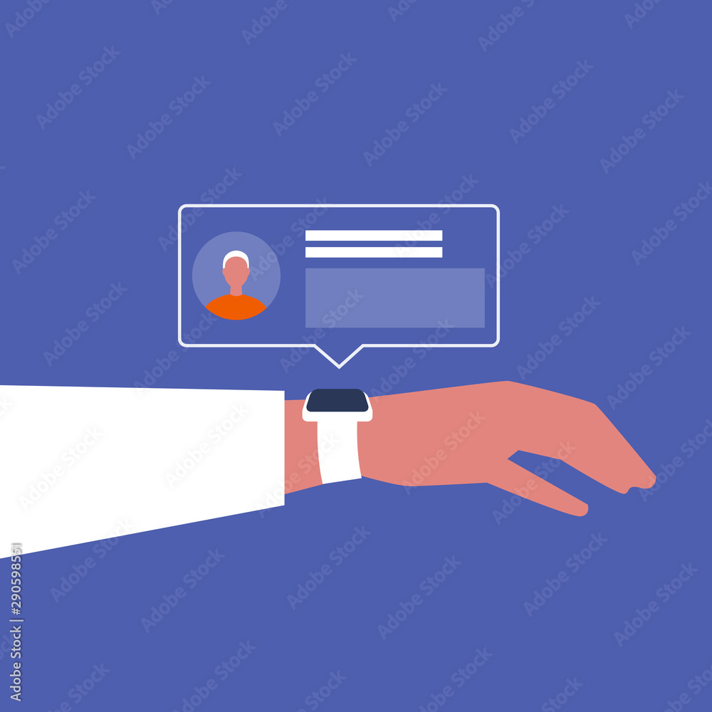Smart watch. Social media push notification, Pop up window. New technologies. Millennial lifestyle. Flat editable vector illustration, clip art Smart watch. Social media push notification, Pop up window. New technologies. Millennial lifestyle. Flat editable vector illustration, clip art