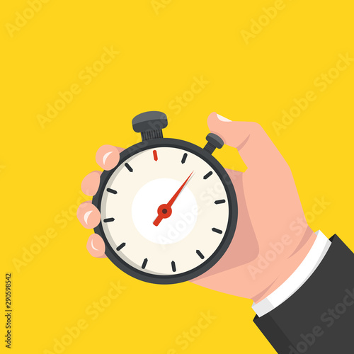 Male hand holding stopwatch. Time management concept. Vector illustration.