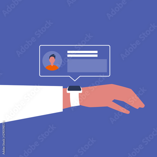 Smart watch. Social media push notification, Pop up window. New technologies. Millennial lifestyle. Flat editable vector illustration, clip art