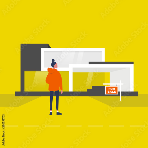Young female character standing in front of the building. For sale. Architecture. Real estate development. Client. Flat editable vector illustration, clip art