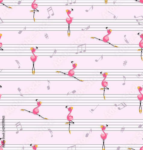 Dance of pink flamingos. Music and music notes. Little flamingo in yellow pointe shoes. Seamless pattern.