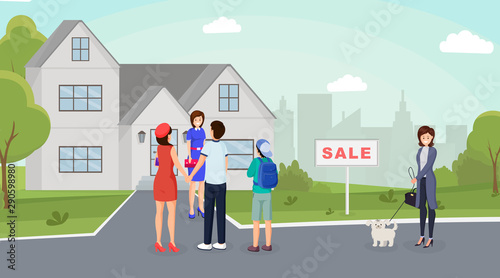 Couple buying home vector illustration. Real estate agent showing cottage  townhouse to buyers with child cartoon characters. Cheerful female neighbor with pet dog walking along street