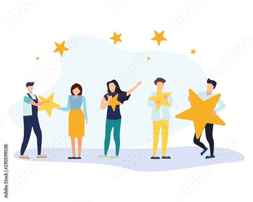 Customer review rating. Different People give review rating and feedback. Flat vector illustration. Customer choice. Know your client concept. Rank rating stars feedback. Business satisfaction support