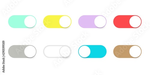 Buttons toggle switch. Set buttons slider switches. Colored bright slider buttons for application. Web icons ui for smartphone. Vector illustration. EPS 10