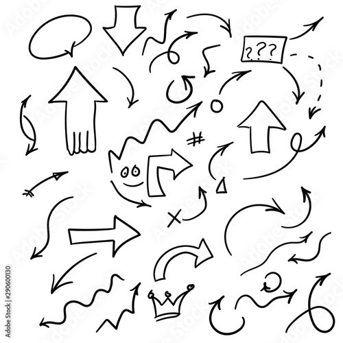 Hand drawn arrow set  collection of black direction pencil sketch symbols  vector illustration graphic design elements