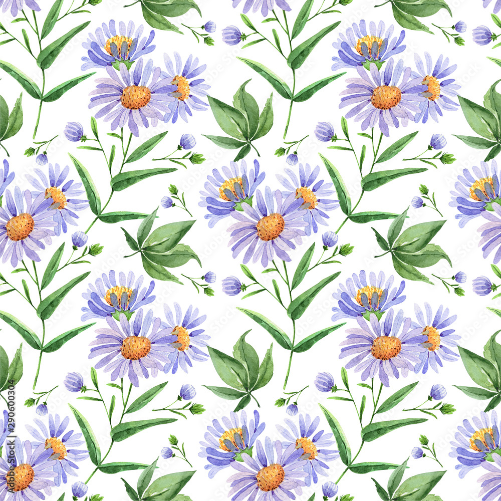pattern of blue flowers on a white background. watercolor drawing
