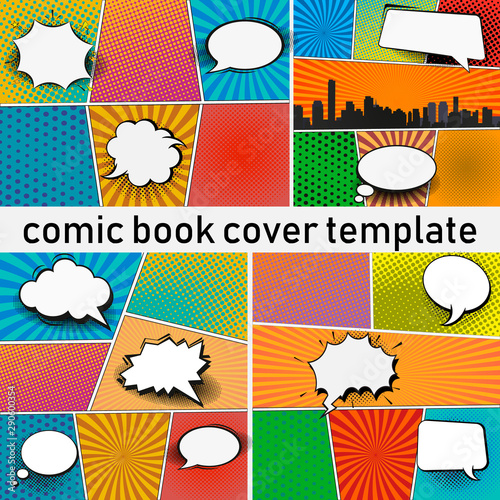 Abstract Creative concept vector comics pop art style blank layout template with clouds beams and isolated dots pattern on background. For Web and Mobile Applications, illustration template design.