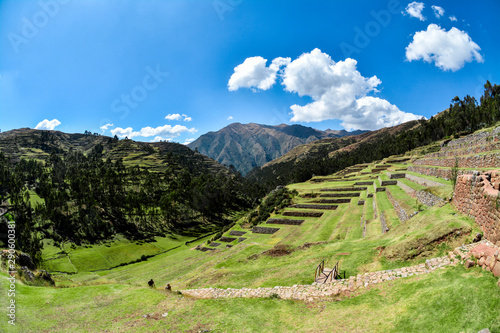 Landscape with green mountains and steps in Chinchero, Peru photo