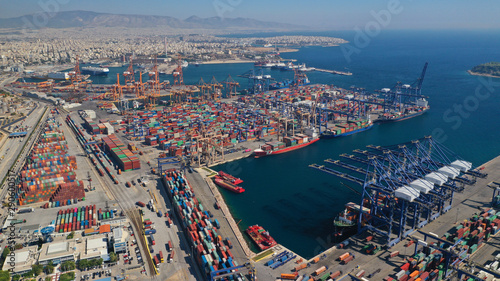 Aerial drone photo of industrial cargo container terminal in commercial port of Piraeus  Attica  Greece