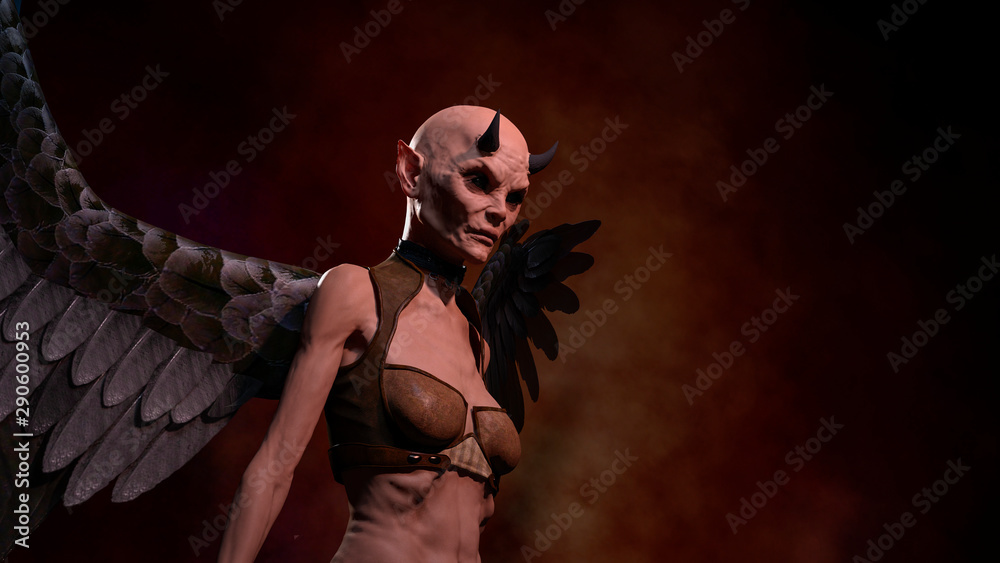 Horned female demon posing over red dark background