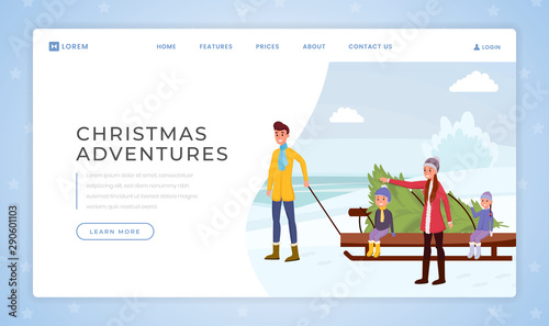 Christmas adventure landing page vector template. Winter tradition website homepage interface idea with flat illustrations. Family buying fir tree, happy new year, xmas web banner cartoon concept