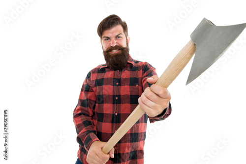 Rage in his blood. Man with axe. Bearded man hold axe isolated on white. Brutal lumberjack. Cutting wood. Sharp blade. Danger concept. Brutality and masculinity. Bearded lumberjack. Lumberjack style