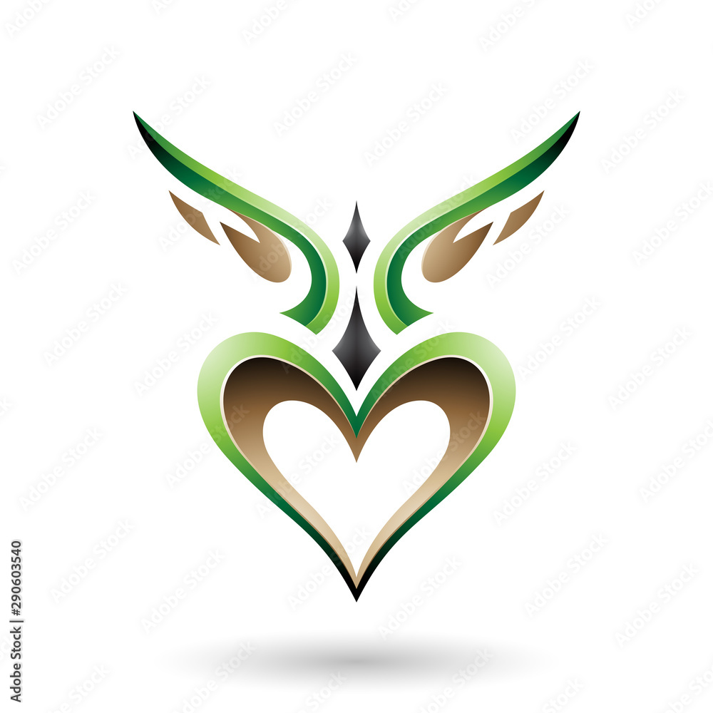 Green Bird Like Winged Heart with a Shadow Illustration