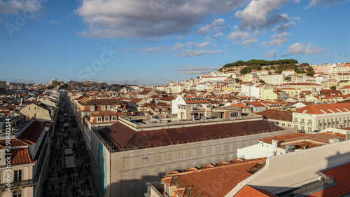 Aerial perspective view of central famous street rua augusta on lisbon city skyline portugal, people tourist crowd