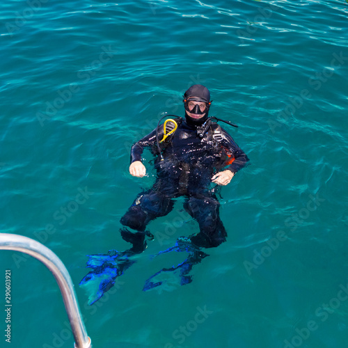 Diver in the equipment in the water. Diving. Vietnam. South China sea
