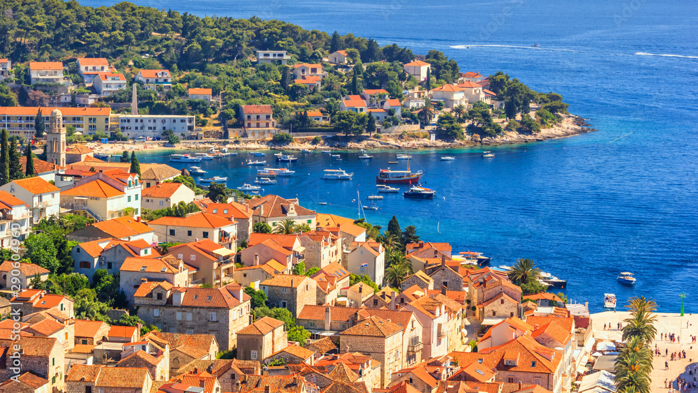 Coastal summer landscape - view of the City Harbour of the town of Hvar, on the island of Hvar, the Adriatic coast of Croatia