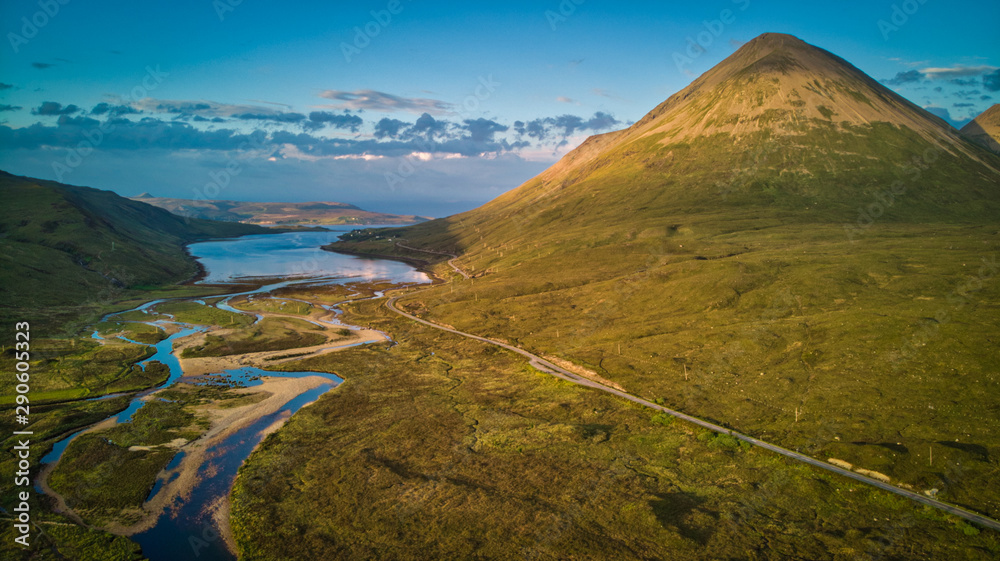 A cone-shaped hill of Glamaig, Red Hills, Isle Of Skye, aerial view.