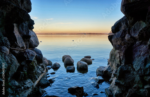 View through the grotto to Lake Schwerin. Mecklenburg-Vorpommern, Germany