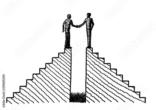 Sketch Of Two Men Shaking Hands Atop Staircases
