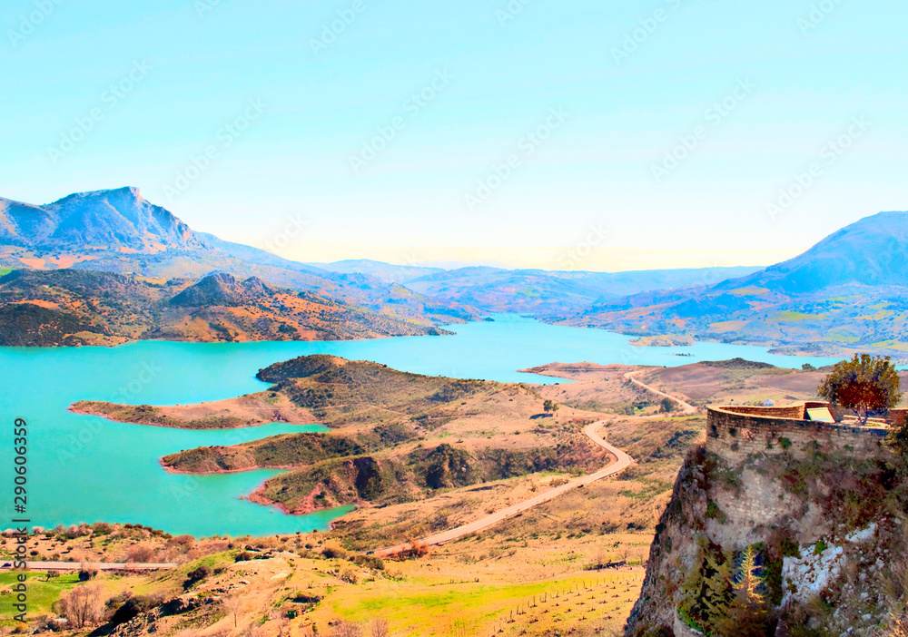 Lake located in the town of Zahara de la Sierra in the Spanish province of Cadiz in a sunny day