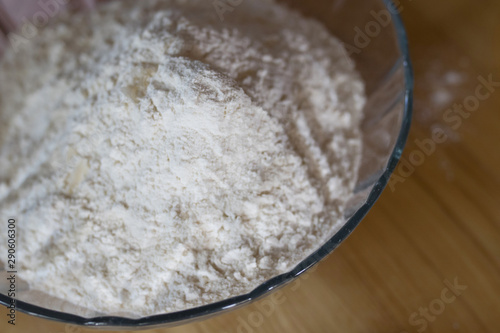 white flour bowl, cooking ingredients